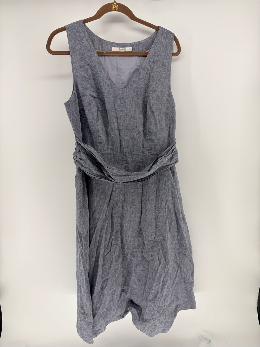 Boden Lois Dress Blue/Grey V-Neck Sash Waist Dress 10L (10 Tall) Cotton & Linen